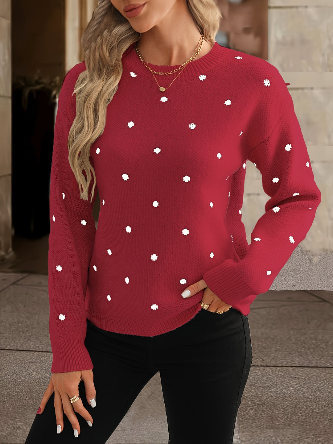 Round Dot Jacquard Polyester Elegant Long Sleeve Knitted Turtleneck