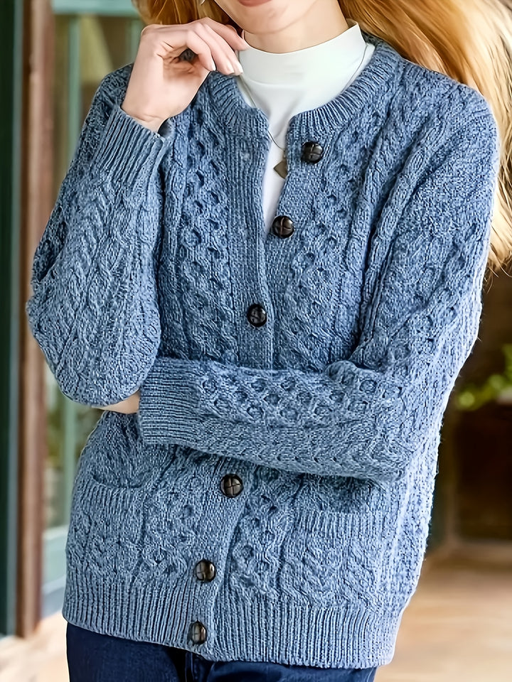 Plus Size - Women'S Cozy Blue Cardigan - Long Sleeve, Geometric Pattern, Button-Up Front, Round Neck, Perfect for Fall/Winter, Casual Style, Textured Sweater, Autumn Clothing | Round Neck Sweater | Fabric