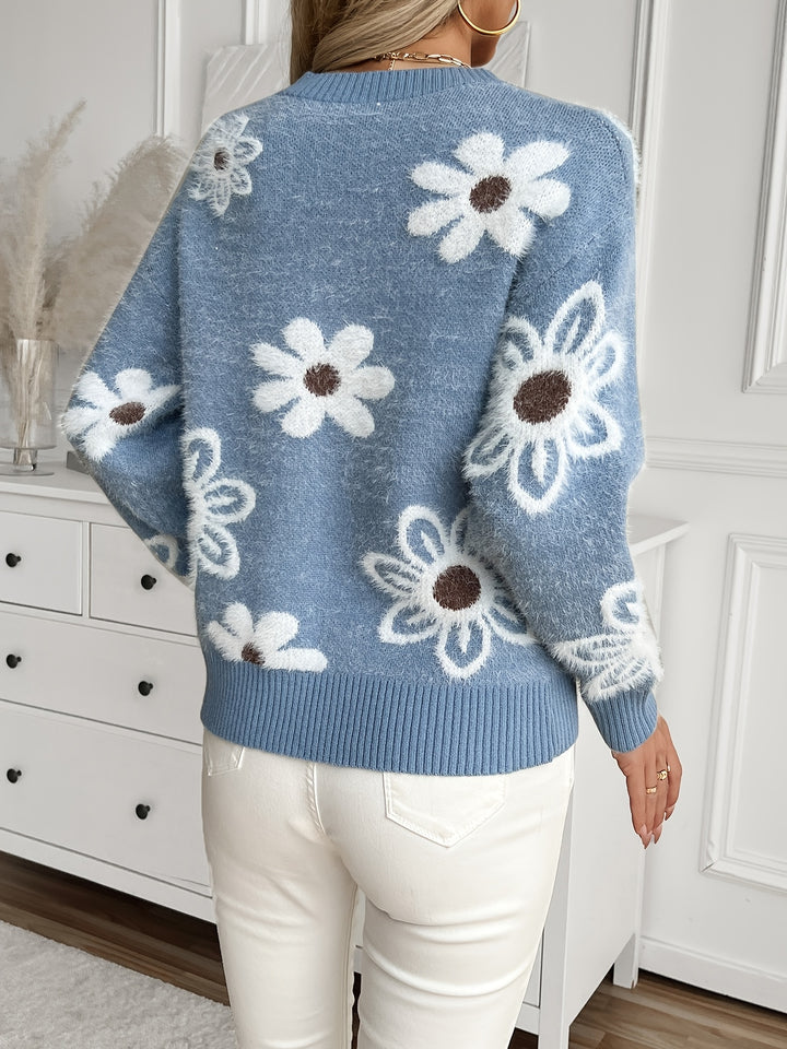 Women'S Viscose Crew Neck Sweater with Floral Jacquard Pattern - All Seasons Knit Fabric