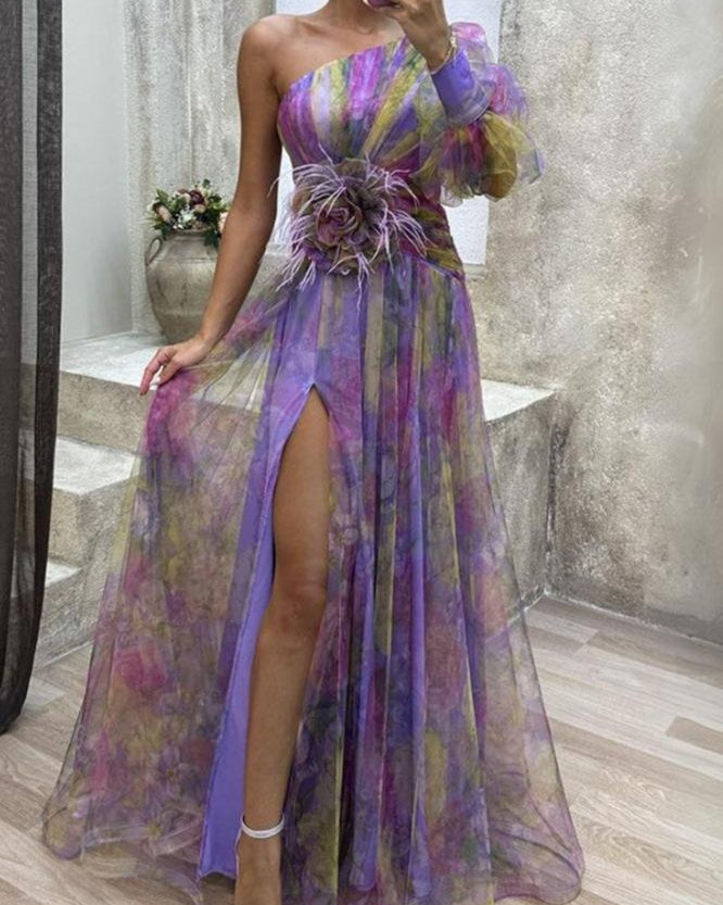 Daphne - Asymmetrical Floral Maxi Gown