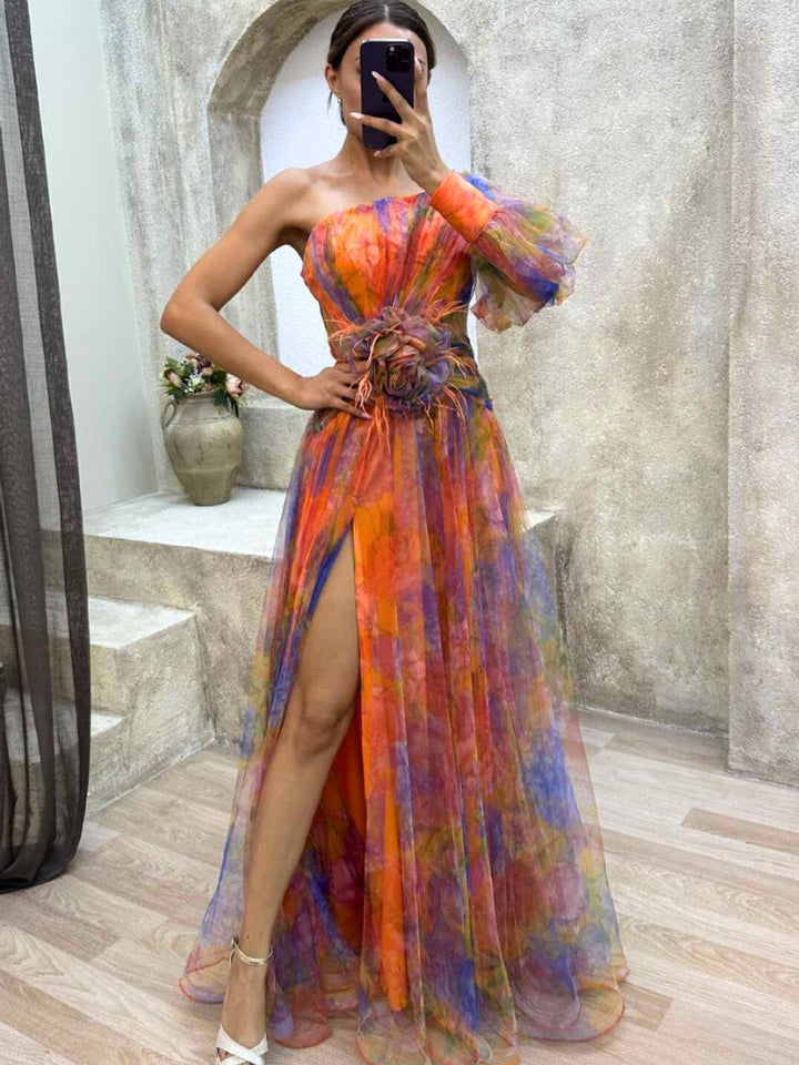 Daphne - Asymmetrical Floral Maxi Gown