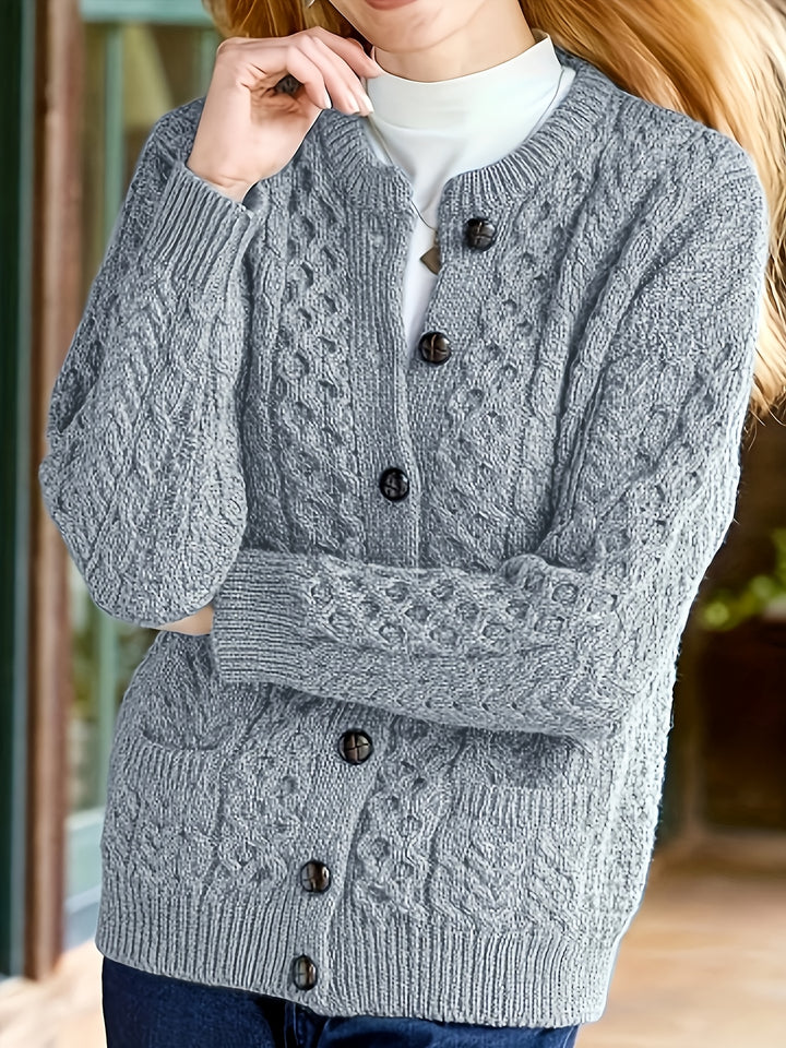Plus Size - Women'S Cozy Blue Cardigan - Long Sleeve, Geometric Pattern, Button-Up Front, Round Neck, Perfect for Fall/Winter, Casual Style, Textured Sweater, Autumn Clothing | Round Neck Sweater | Fabric