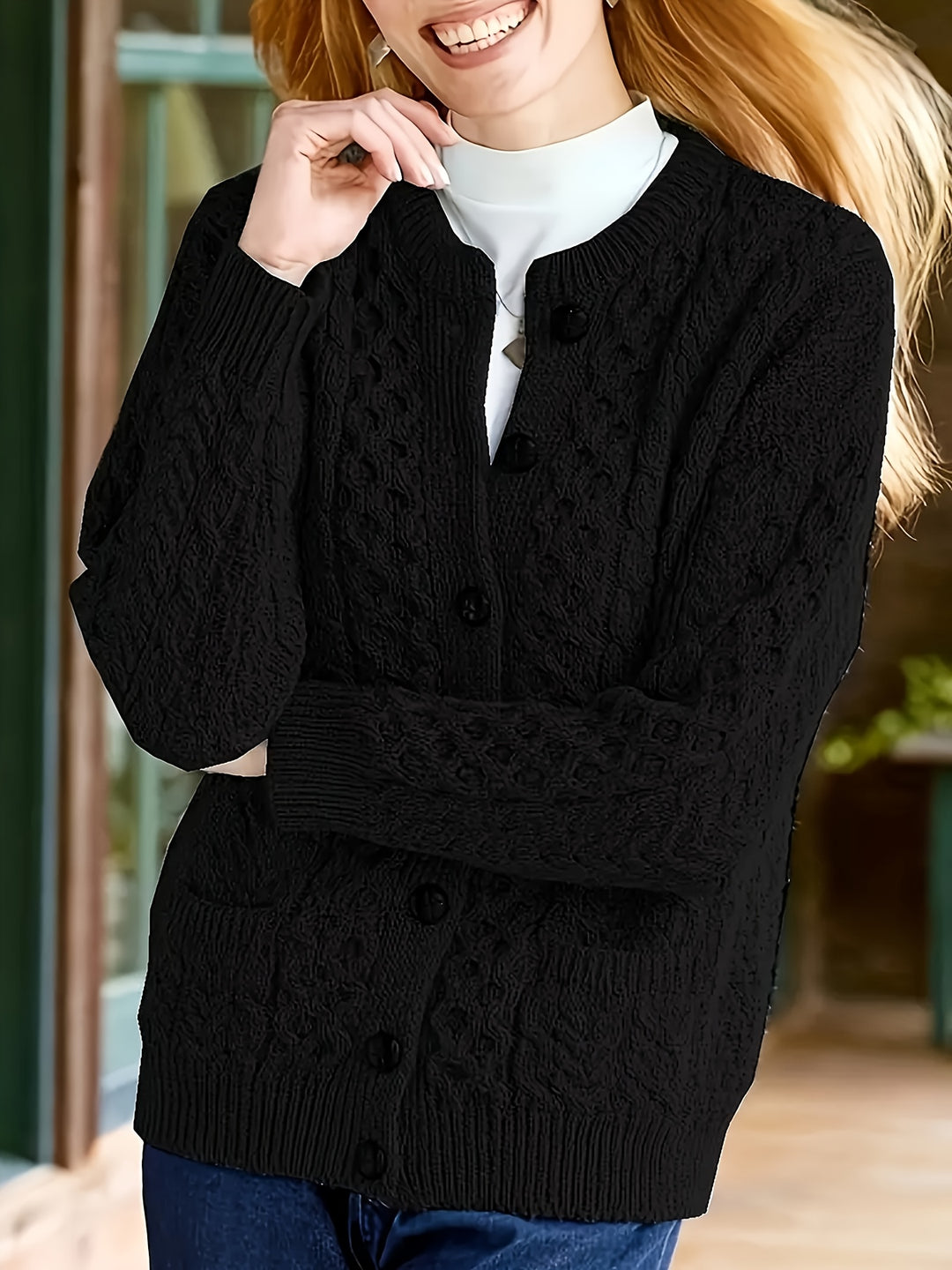 Plus Size - Women'S Cozy Blue Cardigan - Long Sleeve, Geometric Pattern, Button-Up Front, Round Neck, Perfect for Fall/Winter, Casual Style, Textured Sweater, Autumn Clothing | Round Neck Sweater | Fabric