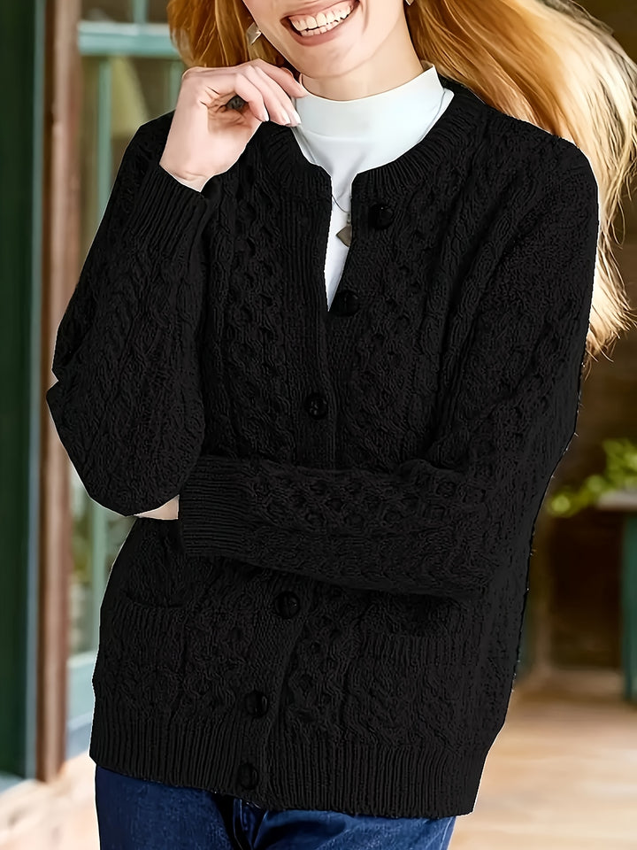 Plus Size - Women'S Cozy Blue Cardigan - Long Sleeve, Geometric Pattern, Button-Up Front, Round Neck, Perfect for Fall/Winter, Casual Style, Textured Sweater, Autumn Clothing | Round Neck Sweater | Fabric