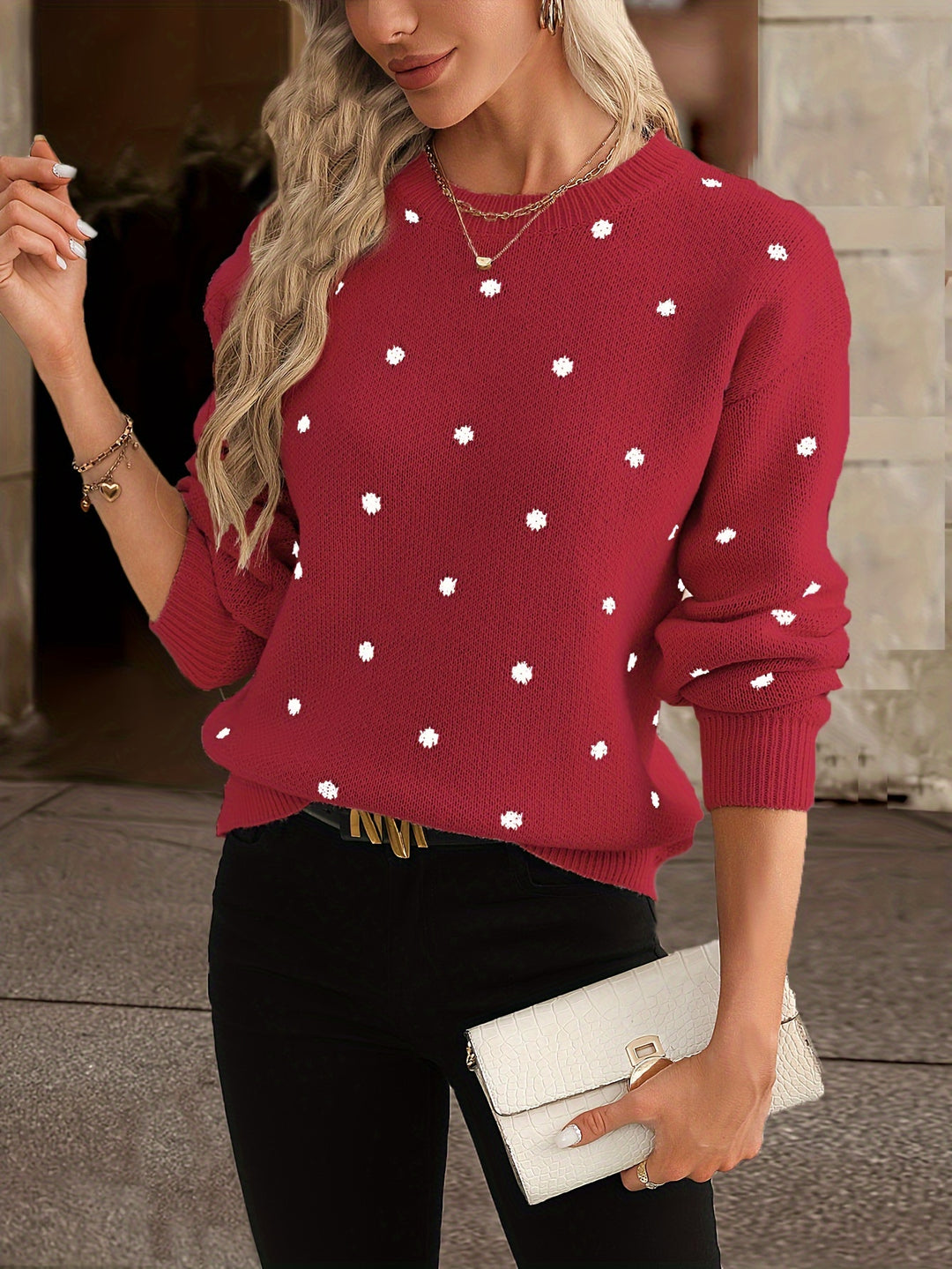 Round Dot Jacquard Polyester Elegant Long Sleeve Knitted Turtleneck