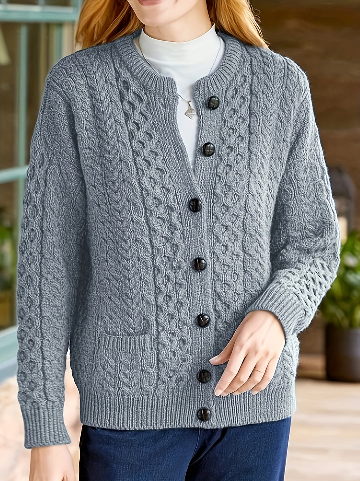 Plus Size - Women'S Cozy Blue Cardigan - Long Sleeve, Geometric Pattern, Button-Up Front, Round Neck, Perfect for Fall/Winter, Casual Style, Textured Sweater, Autumn Clothing | Round Neck Sweater | Fabric