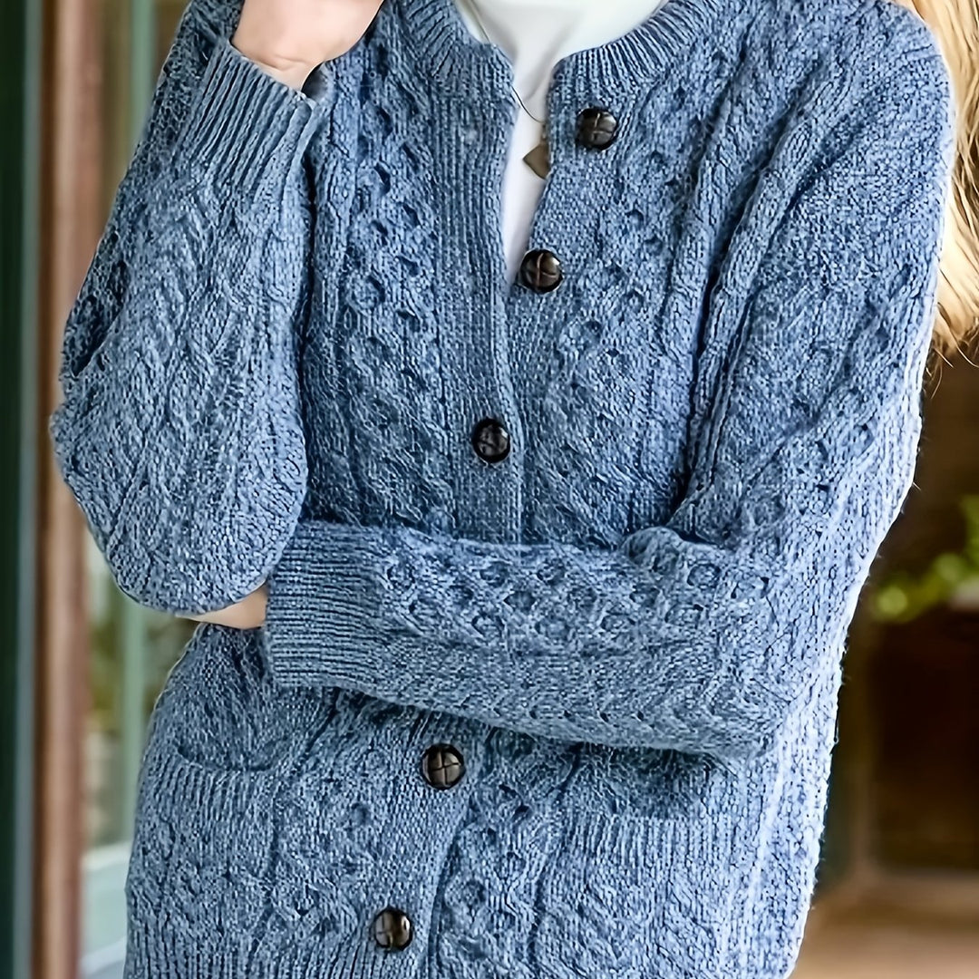 Plus Size - Women'S Cozy Blue Cardigan - Long Sleeve, Geometric Pattern, Button-Up Front, Round Neck, Perfect for Fall/Winter, Casual Style, Textured Sweater, Autumn Clothing | Round Neck Sweater | Fabric
