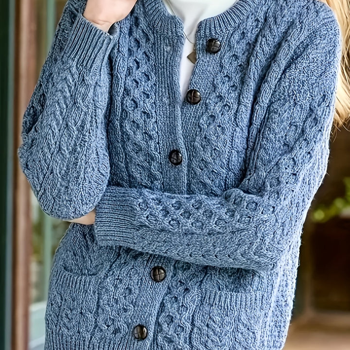 Plus Size - Women'S Cozy Blue Cardigan - Long Sleeve, Geometric Pattern, Button-Up Front, Round Neck, Perfect for Fall/Winter, Casual Style, Textured Sweater, Autumn Clothing | Round Neck Sweater | Fabric