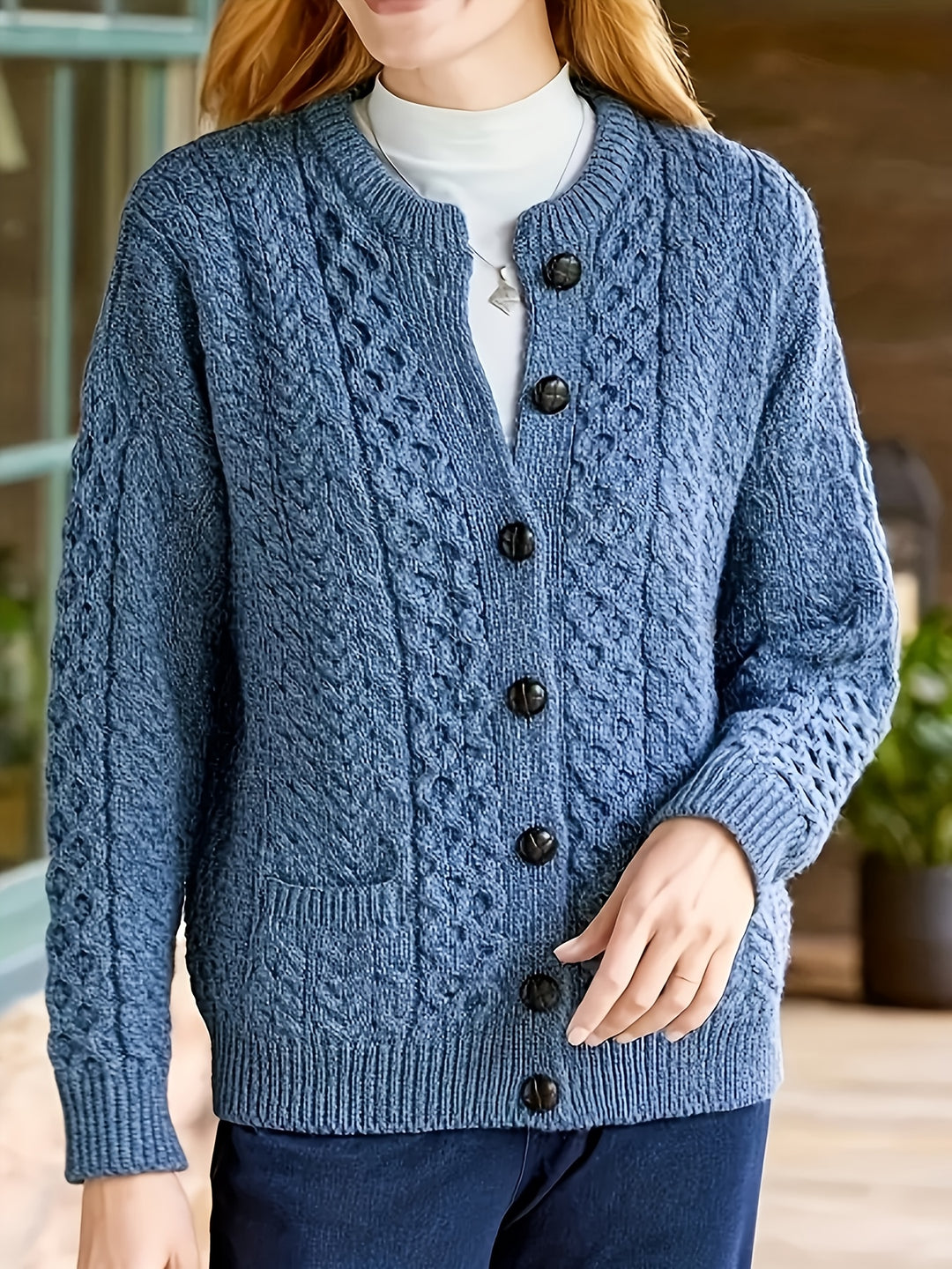 Plus Size - Women'S Cozy Blue Cardigan - Long Sleeve, Geometric Pattern, Button-Up Front, Round Neck, Perfect for Fall/Winter, Casual Style, Textured Sweater, Autumn Clothing | Round Neck Sweater | Fabric