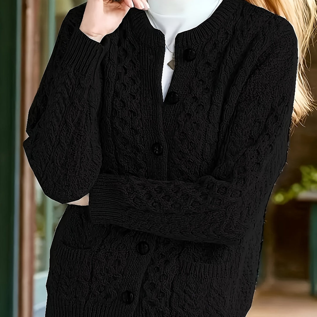 Plus Size - Women'S Cozy Blue Cardigan - Long Sleeve, Geometric Pattern, Button-Up Front, Round Neck, Perfect for Fall/Winter, Casual Style, Textured Sweater, Autumn Clothing | Round Neck Sweater | Fabric