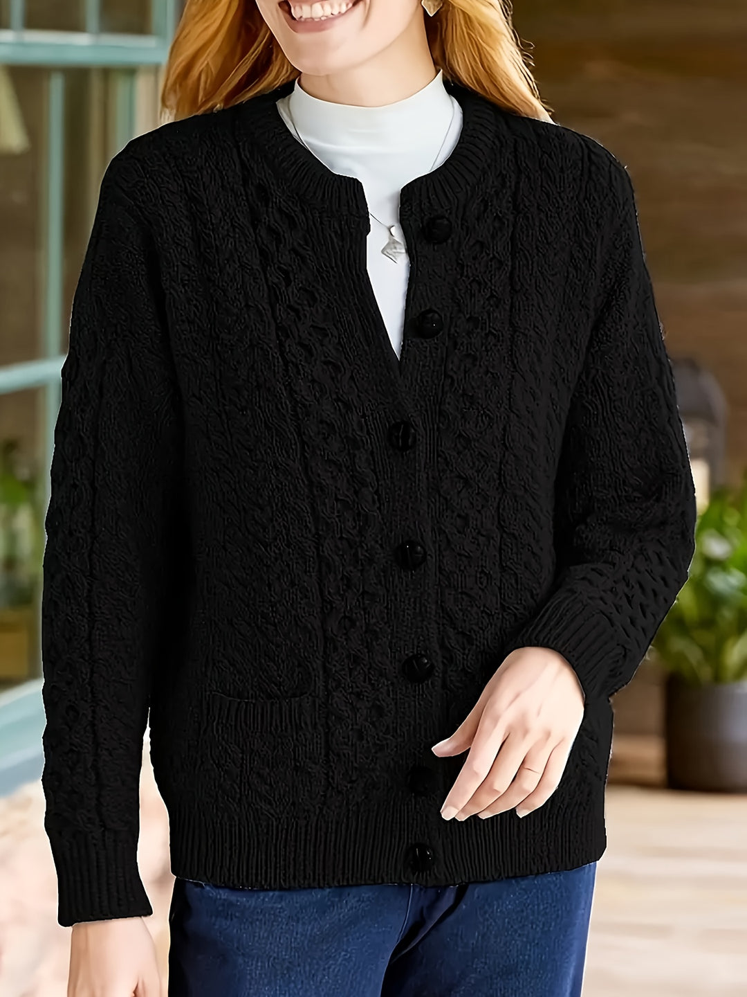Plus Size - Women'S Cozy Blue Cardigan - Long Sleeve, Geometric Pattern, Button-Up Front, Round Neck, Perfect for Fall/Winter, Casual Style, Textured Sweater, Autumn Clothing | Round Neck Sweater | Fabric