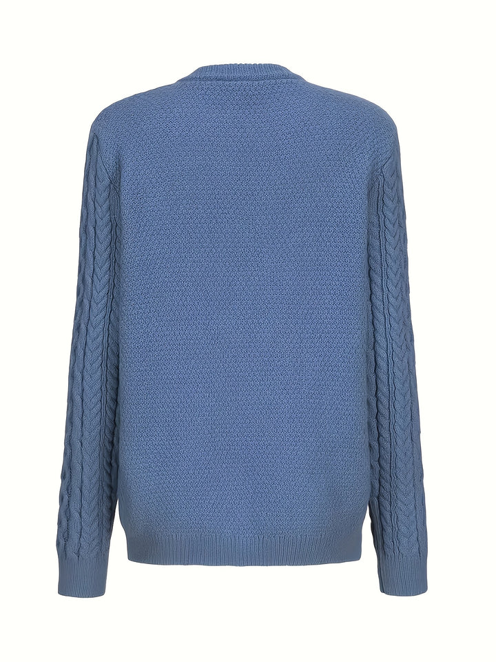 Plus Size - Women'S Cozy Blue Cardigan - Long Sleeve, Geometric Pattern, Button-Up Front, Round Neck, Perfect for Fall/Winter, Casual Style, Textured Sweater, Autumn Clothing | Round Neck Sweater | Fabric