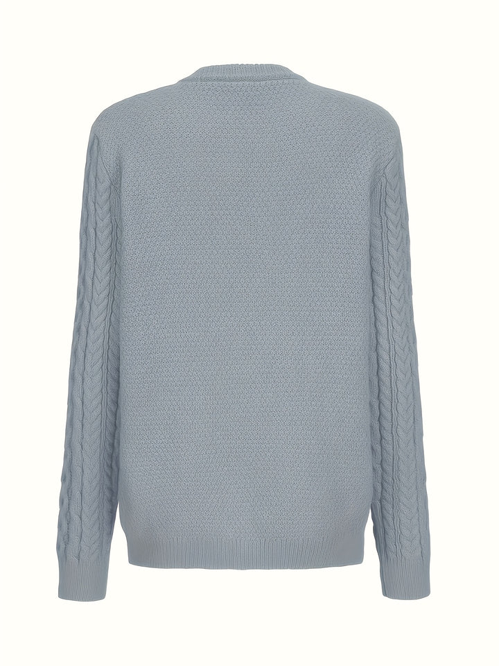 Plus Size - Women'S Cozy Blue Cardigan - Long Sleeve, Geometric Pattern, Button-Up Front, Round Neck, Perfect for Fall/Winter, Casual Style, Textured Sweater, Autumn Clothing | Round Neck Sweater | Fabric