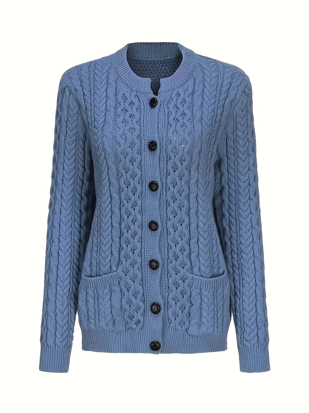 Plus Size - Women'S Cozy Blue Cardigan - Long Sleeve, Geometric Pattern, Button-Up Front, Round Neck, Perfect for Fall/Winter, Casual Style, Textured Sweater, Autumn Clothing | Round Neck Sweater | Fabric