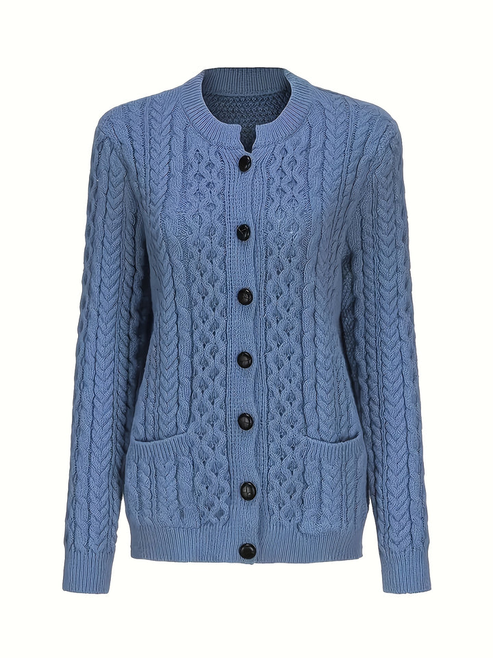 Plus Size - Women'S Cozy Blue Cardigan - Long Sleeve, Geometric Pattern, Button-Up Front, Round Neck, Perfect for Fall/Winter, Casual Style, Textured Sweater, Autumn Clothing | Round Neck Sweater | Fabric