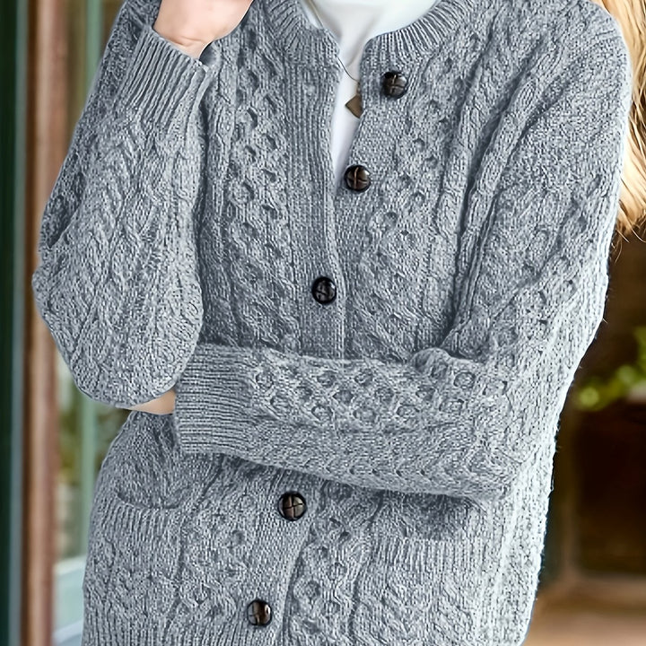 Plus Size - Women'S Cozy Blue Cardigan - Long Sleeve, Geometric Pattern, Button-Up Front, Round Neck, Perfect for Fall/Winter, Casual Style, Textured Sweater, Autumn Clothing | Round Neck Sweater | Fabric